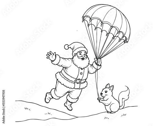 Santa Parachuting with Squirrels – Fun Christmas Coloring Page