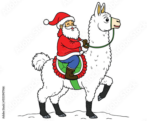Santa riding a llama Christmas color on a white background