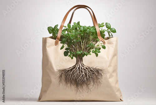 Eco Shopping Bag with Roots Growing from the Bottom