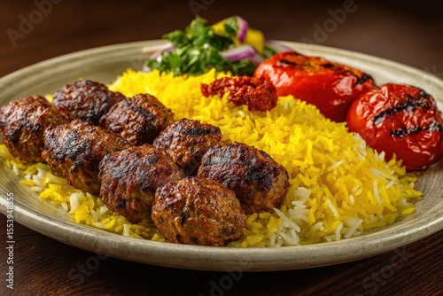 Classic beef Kofta kebab and tarb kufta minced meat in lamb fat grilled served with yellow Basmati rice