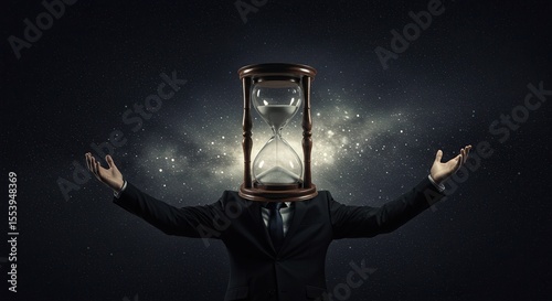 Businessman with hourglass head in dark space symbolizing time  