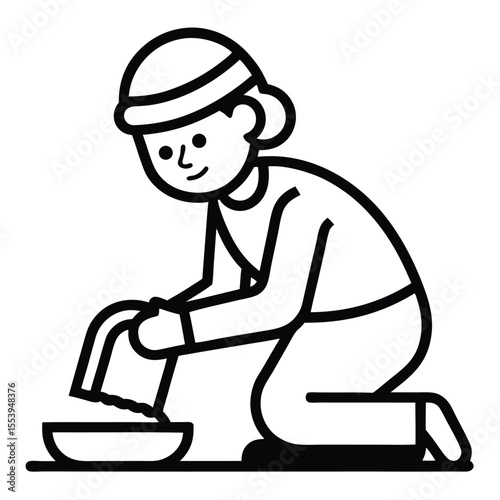 Clean line art icon of a person actively scrubbing or cleaning a surface