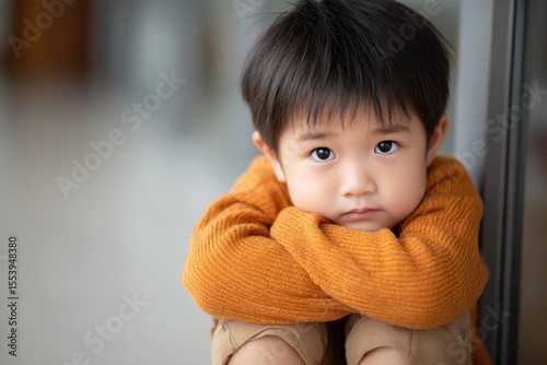 Image of a young Asian child sitting alone embracing their knees resting their face on their legs and gazing off to the side Promoting awareness of autism child emotional growt