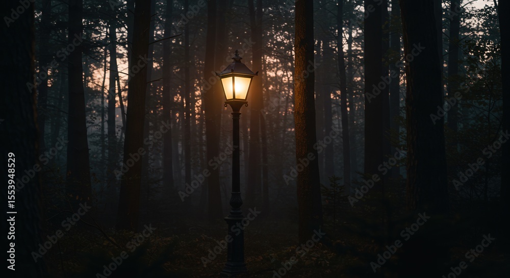 Obraz premium Street lamp illuminating forest path at dusk with foggy backdrop