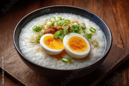 Rice porridge topped with a boiled egg ginger and scallion on a wooden table Congee is a favored rice porridge in Asia