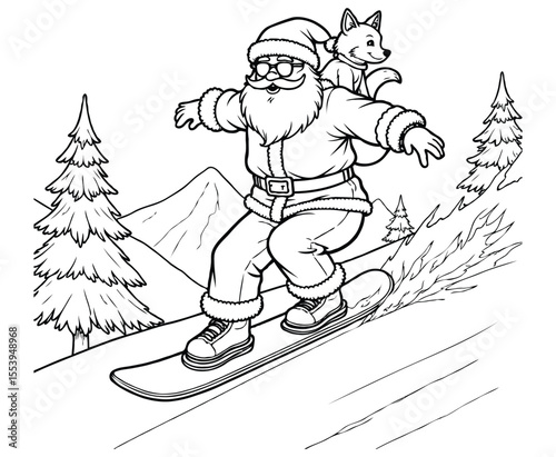 Santa Snowboarding with Fox Christmas Coloring Page