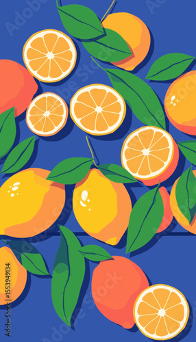 Vibrant Citrus Fruits with Lemons and Oranges Surrounded by Green Leaves on