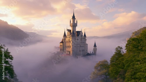 Fantasy castle in evening light, panoramic view of ancient towers under soft sunset glow, epic and timeless.