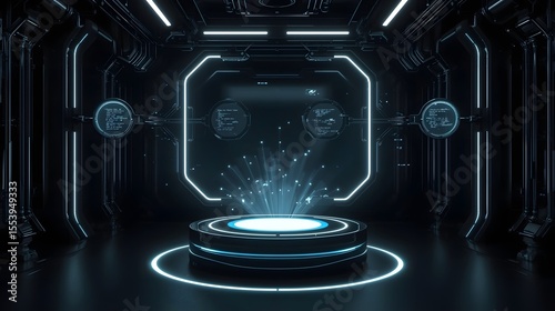 Fototapeta Naklejka Na Ścianę i Meble -  Futuristic dark sci fi laboratory with glowing blue lights and data displays