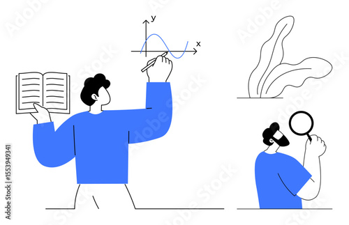 Male figure writing graph with book, examining details of leaf, using magnifier. Ideal for education, research, discovery, science, analysis learning curiosity concepts. Simple flat metaphor
