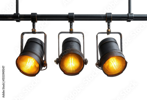 Three vintage-style spotlights hang from a black industrial pipe, emitting warm yellow light against a dark background