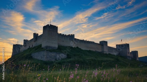 A serene medieval fortress bathed in warm sunset light, with an elevated cinematic angle highlighting the tranquil ambiance.