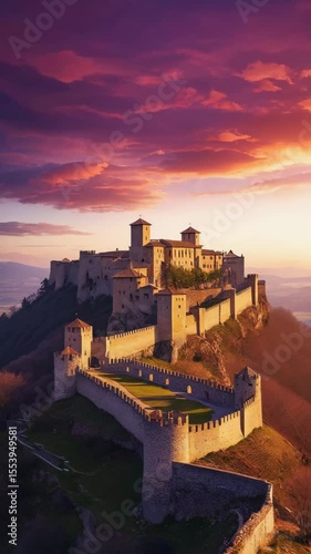 Sunset over enchanted fortress, warm and serene medieval scene with ambient lighting and elevated composition.