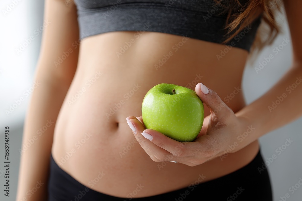 Overhead shot of a young woman with a large belly holding a green apple Overhead shot of a young woman with a large belly holding a green apple