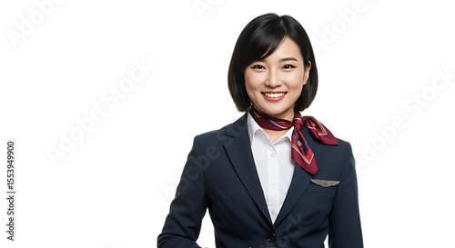 Charming Asian Flight Attendant Smiling Professionally Dressed in Uniform with Silk Scarf Isolated on Transparent Background