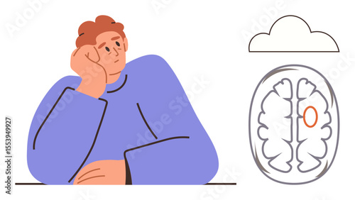 Person resting chin on hand next to a stylized brain with a marked section and a cloud. Ideal for mental health, creativity, reflection, neuroscience, psychology, innovation, education. A simple flat