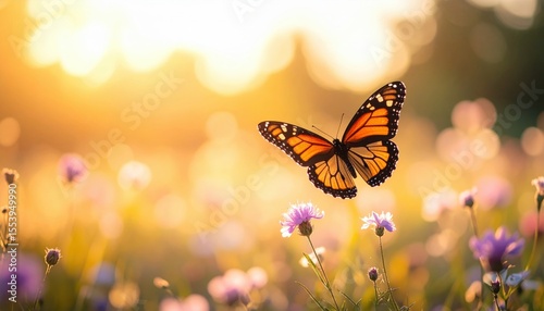 Butterfly In Flight Over Wildflowers At Sunrise