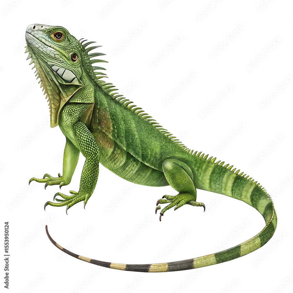 Fototapeta premium A vibrant green iguana is perched, isolated on transparent background, showcasing intricate scales and a watchful gaze