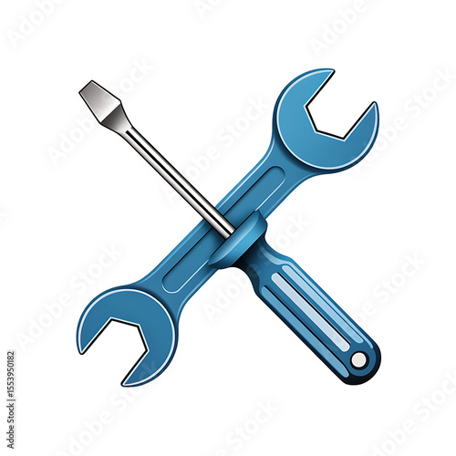 Blue wrench and screwdriver crossed isolated on a black and white background