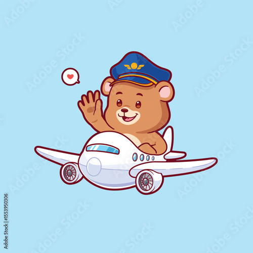 Cute bear pilot flying a plane vector mascot logo. Animal transportation icon concept illustration