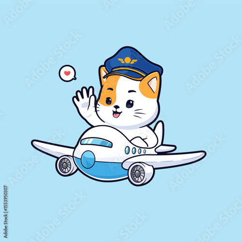 Cute cat pilot flying a plane vector mascot logo. Animal transportation icon concept illustration