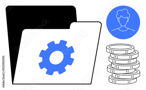 File folder with gear for settings, user profile in blue circle, and coin stacks representing finance and management. Ideal for data management, finance, user settings, technology, organization