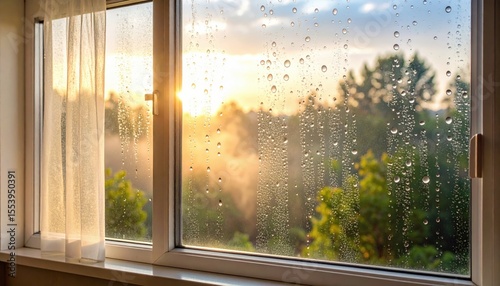 Window View Of Sunset Through Rain