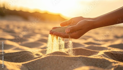 Hands Pouring Sand On Beach At Sunset