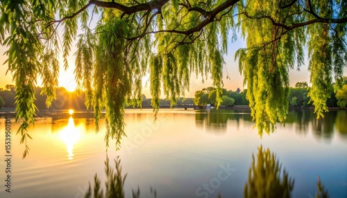 Sunrise Over Calm Water With Willow Trees