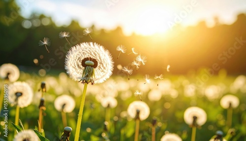 Sunlight Illuminating Dandelions In A Field