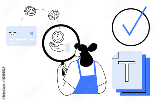 Woman examining hand holding coin using magnifying glass, secure payment card, coins, checklist, and files. Ideal for finance, security, auditing, planning accounting e-commerce simple landing
