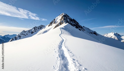 Snowy Mountain Peak With Footprints Trail