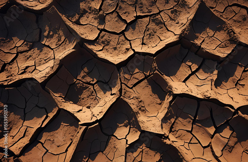 Top-down view of dry, deeply cracked earth from a drought.