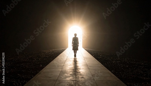 Silhouette Woman Walking Towards Bright Light
