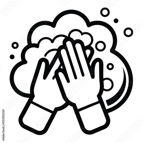 Clean line art icon of hands scrubbing with soap bubbles