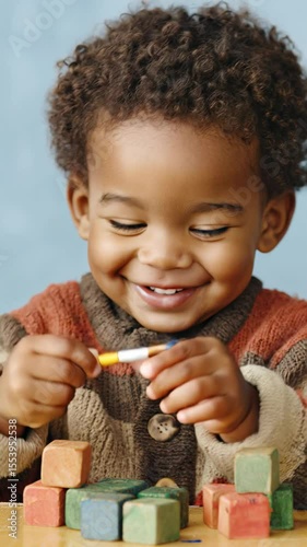 Happy toddler child enjoy play time, learning with cognitive skills, smiling, painting colorful wooden block indoors. Joyful