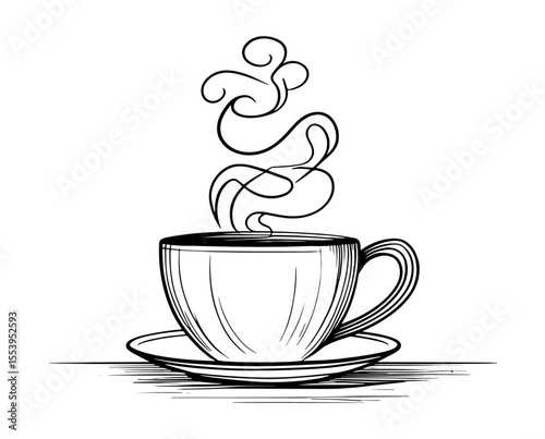 "Hand-Drawn Coffee Cup with Swirling Steam – Black and White Line Art Illustration"