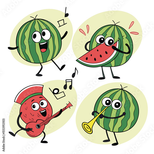 Fruits Quirky Cartoon Characters Vector, Dragon Fruit, Watermelon, Orange, and Corn as Funny Fruit Illustrations