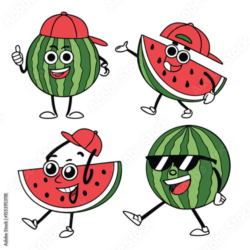 Fruits Quirky Cartoon Characters Vector, Dragon Fruit, Watermelon, Orange, and Corn as Funny Fruit Illustrations