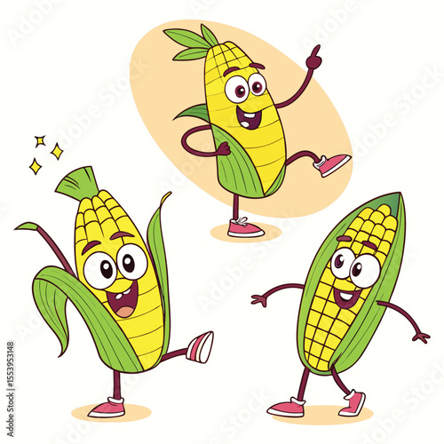 Fruits Quirky Cartoon Characters Vector, Dragon Fruit, Watermelon, Orange, and Corn as Funny Fruit Illustrations