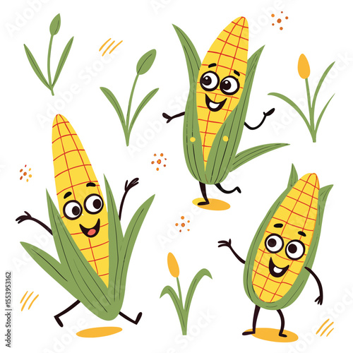 Fruits Quirky Cartoon Characters Vector, Dragon Fruit, Watermelon, Orange, and Corn as Funny Fruit Illustrations