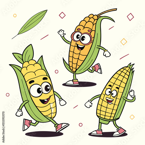 Fruits Quirky Cartoon Characters Vector, Dragon Fruit, Watermelon, Orange, and Corn as Funny Fruit Illustrations