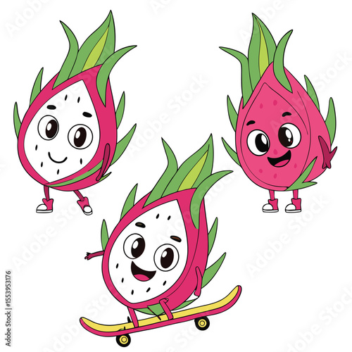Fruits Quirky Cartoon Characters Vector, Dragon Fruit, Watermelon, Orange, and Corn as Funny Fruit Illustrations