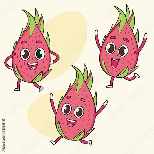 Fruits Quirky Cartoon Characters Vector, Dragon Fruit, Watermelon, Orange, and Corn as Funny Fruit Illustrations