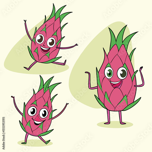 Fruits Quirky Cartoon Characters Vector, Dragon Fruit, Watermelon, Orange, and Corn as Funny Fruit Illustrations