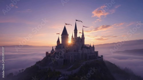 Royal castle on hill at dusk, banners fluttering atop turrets, surrounded by golden mist and painterly skies.