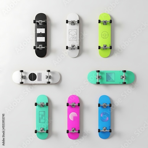 A collection of colorful skateboards hung against a wall, showcasing a range of vibrant designs and styles. Each skateboard has unique design. 
