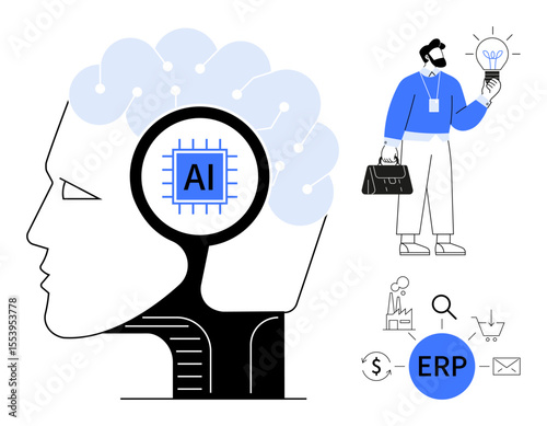 Human head with AI chip, businessman holding a lightbulb, ERP concept. Ideal for technology, innovation, business strategy, AI, ERP systems decision-making data analysis. Simple flat metaphor