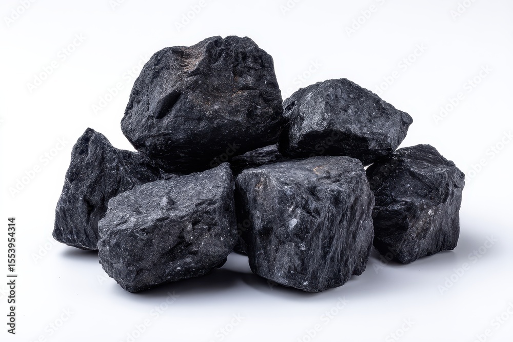 Fototapeta premium Collection of black coal pieces on a white background including anthracite raw nuggets and graphite samples