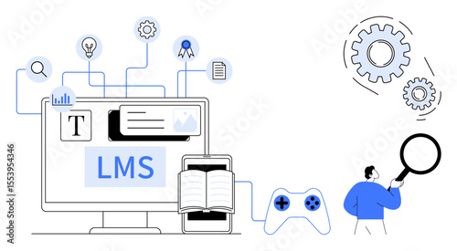 Computer screen displaying LMS alongside open book, phone, gaming controller, magnifying glass, and gears. Ideal for education, e-learning, training, gamification technology knowledge transfer